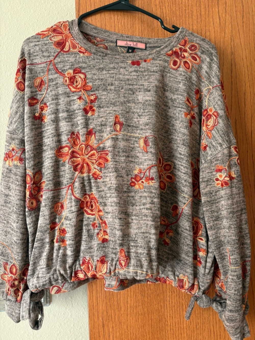 Olive Hill Gray Floral Tie-Sleeve Top